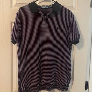Polo by Ralph Lauren Men's Black and Purple/Pink Striped Polo Shirt